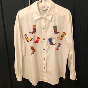 Westbound II Women’s Embroidered Cowboy Boot White Shirt Size 16